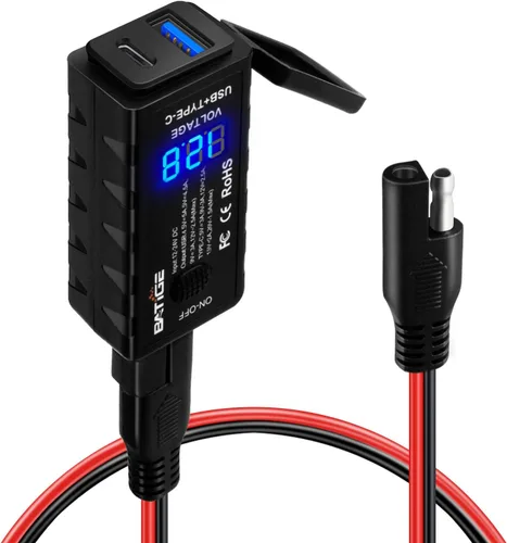 Cargador USB para motocicleta, adaptador SAE a USB tipo C y carga rápida USB 3.0 con voltímetro, interruptor de encendido/apagado y cable de
