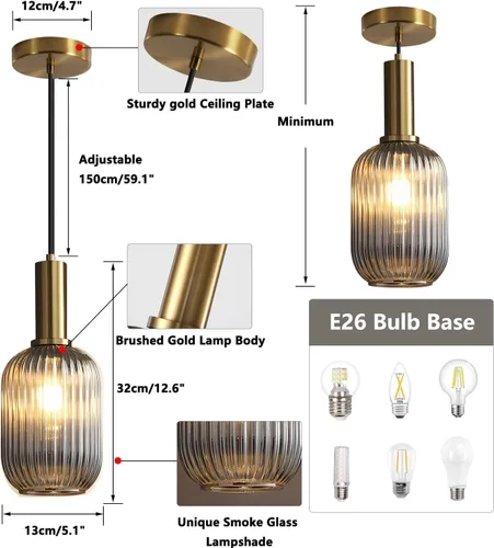 Miniatura 2 de KCO Lighting Lámpara Colgante Mini de Cristal Ahumado, Accesorio de Iluminación de 1 Luz Oro Cepillado, Luces Colgantes para Isla de Cocina