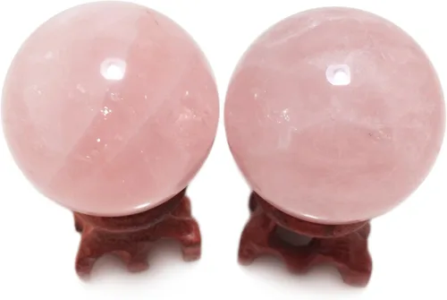 Miniatura 4 de Polar Jade Juego de 2 esferas de cristal de cuarzo rosa natural con soportes de madera, bolas de exhibición pulidas a mano de 45 mm (1.8")