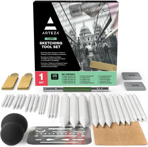 ARTEZA Kit de dibujo para adultos – Juego de bocetos de 35 piezas con tocones de mezcla, tortillones, bloques de lijado, borradores, gamuza,