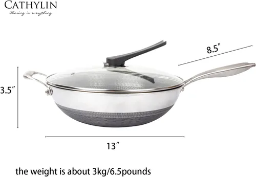 Miniatura 7 de Wok de acero inoxidable 316L de 13 pulgadas con tapa, sartén antiadherente con mango que se mantiene fresco, libre de PFOA, adecuado para cocinas