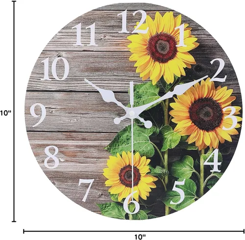 Miniatura 4 de Reloj de pared redondo de decoración de cocina de girasol, 10 pulgadas, decoración de baño, silencioso, sin tictac, reloj de madera