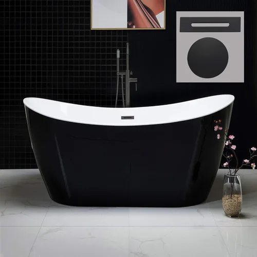 Miniatura 26 de WOODBRIDGE - Bañera independiente de acrílico, 59 pulgadas, bañera contemporánea de remojo, color blanco, con desbordamiento y desagüe de cromo
