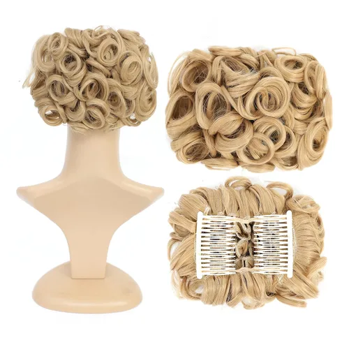 Miniatura 12 de SWACC Extensión de moño corto rizado desordenado, fácil de estirar, peines para el cabello, extensión de cola de caballo con clip, coletero, Marrón