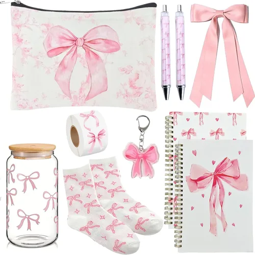 Coquette - Juego de regalo de lazo rosa con taza de lazo, bolsa de maquillaje preparada, cuaderno de lazo, accesorios de llavero, regalos temáticos