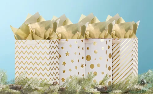 Miniatura 2 de UNIQOOO 12 bolsas de regalo de Navidad doradas metálicas a granel con asa, grandes de 12.5 x 10 pulgadas, bolsas de papel geométrico moderno surtido