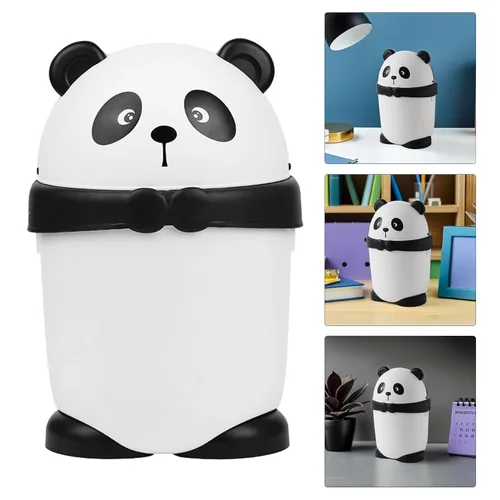 Miniatura 7 de Bote de basura con diseño de panda de dibujos animados con tapa, pequeño cubo de basura de plástico para el hogar, oficina, cocina y dormitorio