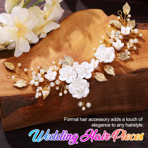 Miniatura 2 de Unicra Flor novia pelo vid perla pieza de pelo nupcial hoja accesorios para el pelo diadema de diamantes de imitación para mujeres y niñas (dorado)