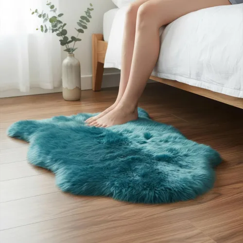 Alfombra de Piel de Oveja Genuina Azul Playa de 2x3 pies, Alfombra de Acento de Piel Real Suave de Una Sola Piel para Silla, Funda de Asiento,