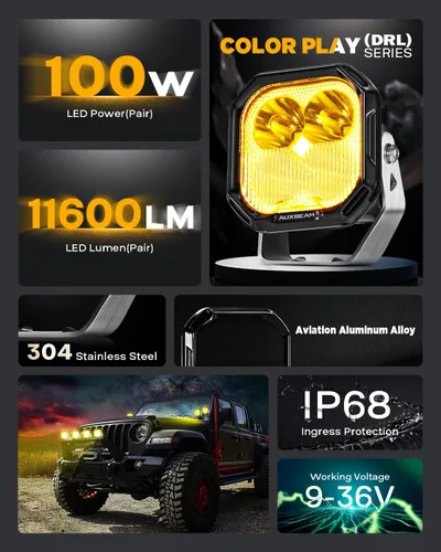 Miniatura 2 de Auxbeam Color Play Series - Luces LED Pod DRL Ámbar de 3" 100W Combo Spot Flood de Doble Color Señal de Giro Lámpara de Conducción Antiniebla Cubo