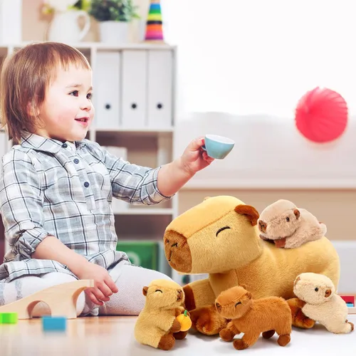 Miniatura 5 de Peluches Capybara 5 en 1 con bebés en el interior, 15.75 pulgadas Capybara Mommy con 4 lindos bebés, almohada de felpa para niñas, niños, regalos