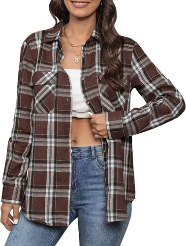 Miniatura 4 de siliteelon Camisas de franela a cuadros para mujer, de manga larga, con botones, de algodón, estilo novio, informal, con puños