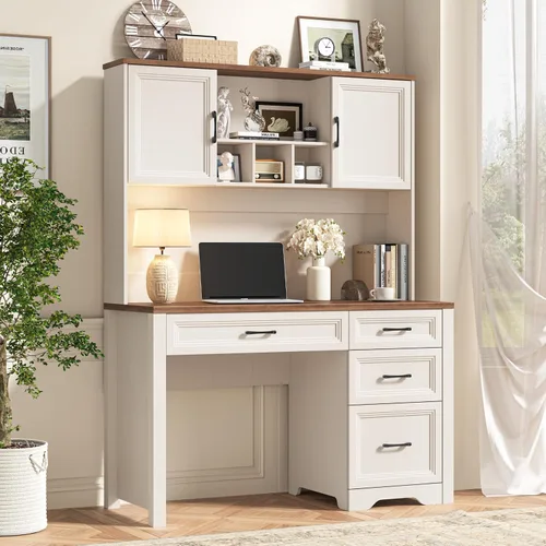 Miniatura 16 de Halitaa Escritorio ejecutivo de granja con cajones, escritorio de madera para computadora con amplio cajón de archivos, escritorio rústico