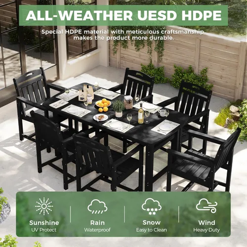 Miniatura 3 de HDPE - Juego de comedor al aire libre, mesa y sillas de patio, mesa exterior de 7 piezas y 6 sillas, agujero para sombrilla de 2 pulgadas, muebles