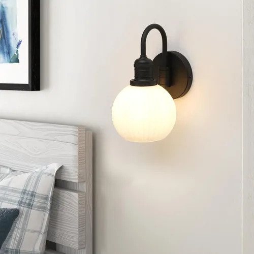 Miniatura 4 de Yosoan Aplique de pared de baño vintage de latón bohemio con pantalla a rayas, 1 lámpara industrial con cable para montaje en pared, pantalla