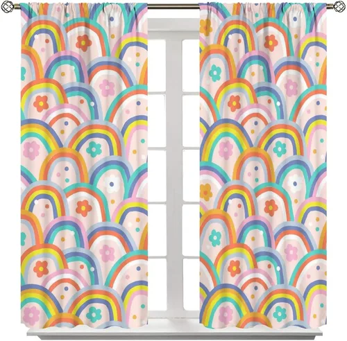 Miniatura 8 de Cortinas bohemias de arco iris, dibujos animados, citas motivacionales, impresiones abstractas coloridas, opacas, tratamiento de ventana para niños