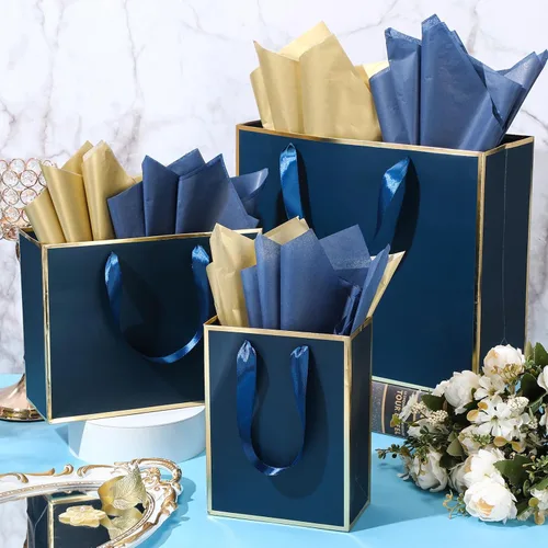 Miniatura 5 de Yeaqee 12 bolsas de regalo de papel metálico con asa, tamaño surtido, incluye 8, 10, 13 pulgadas, bolsa de regalo de agradecimiento de 5 sentidos