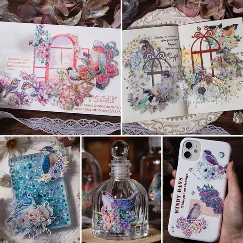 Miniatura 4 de LakoArt 120 calcomanías de pájaros y flores con borde holográfico plateado y fondo transparente, calcomanías de álbum de recortes de naturaleza