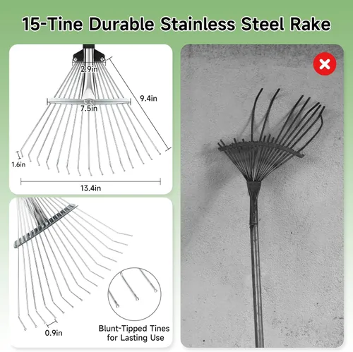 Miniatura 7 de SANLIKE - Rastrillo de hojas de metal ajustable de 68 pulgadas, rastrillo de paja de césped resistente Sturdy metal rake head with extendable