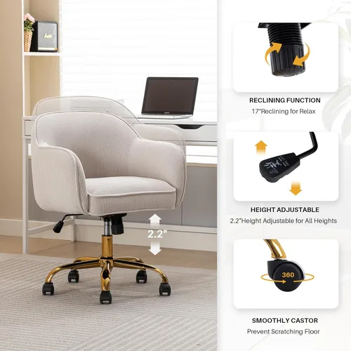Miniatura 5 de Silla de escritorio para oficina en casa con brazos, ruedas doradas, silla moderna tapizada en terciopelo, silla de computadora enrollable, silla