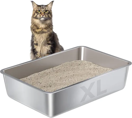 Miniatura 10 de Caja de arena de acero inoxidable, paquete de 2 cajas de arena de metal para gatos, caja de arena XL de acero inoxidable para gatos de 17.7 x 13.8 x