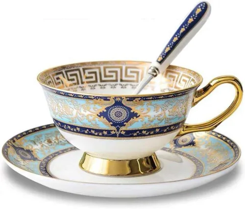 YBK Tech - Juego de tazas y platillos de porcelana de hueso estilo europeo, taza de café de cerámica para el hogar, cocina, boda (patrón real, azul