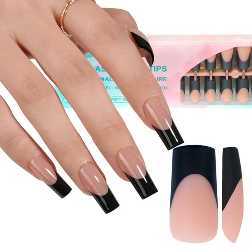 Miniatura 13 de Misssix Puntas de uñas de gel francesas negras, 240 piezas de puntas francesas de uñas postizas largas cuadradas, no es necesario limar, puntas 3