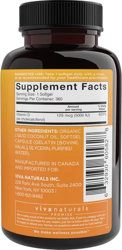 Miniatura 9 de Viva Naturals Vitamina D3 5000 UI, cápsulas blandas, 360 unidades (125 mcg), apoya la salud ósea e inmune, vitamina D de alta potencia