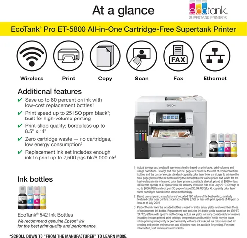 Miniatura 5 de Epson EcoTank Pro ET-5800 Impresora inalámbrica a color todo en uno, SuperTank, con escáner, copiadora, fax y Ethernet, color blanco