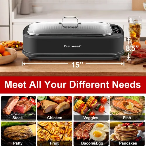 Miniatura 2 de Techwood - Parrilla eléctrica para interiores sin humo, parrilla de barbacoa coreana con tapa de vidrio, tecnología de extractor de humo turbo, Negro