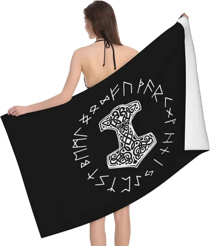Vikings Mjolnir and Rune Wheel - Toalla de playa absorbente con símbolo de mitología nórdica, toallas de playa de gran tamaño, súper 32 x 52 pulgadas
