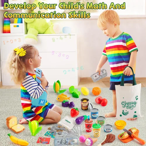 Miniatura 6 de Juegos de comida de juego de simulación para niños pequeños, juego de tienda de comestibles para niños con bolsas de compras, calculadora, cortar