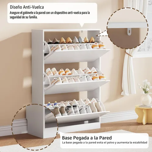 Miniatura 5 de Armario de almacenamiento de zapatos, organizador de zapatos de madera para entrada con 3 cajones abatibles, zapatero independiente con estante