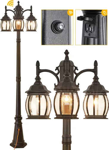 Luz de poste para exteriores vintage de atardecer a amanecer de 210 cm de alto, poste de lámpara de 3 cabezas con toma de corriente, impermeable