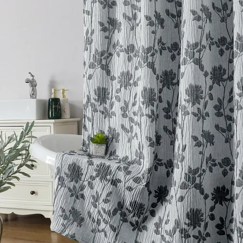 OVZME Cortina de ducha floral negra de 72 pulgadas de largo, cortina de baño de textura arrugada y gruesa de calidad hotelera, decoración de baño