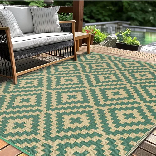 Miniatura 8 de Alfombra de paja de plástico para patio al aire libre, 5 x 8 pies, impermeable, reversible, alfombra de área, patio, caravana, porche, balcón, Azul