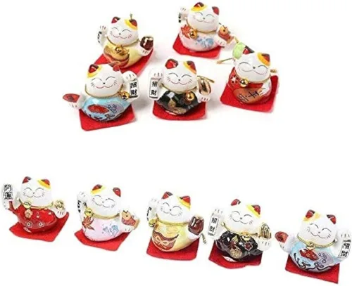 EatingBiting Juego de 5 figuras de cerámica japonesa Maneki Neko Lucky Cat agitando verticales figuras de gato de la fortuna lindo sonriente