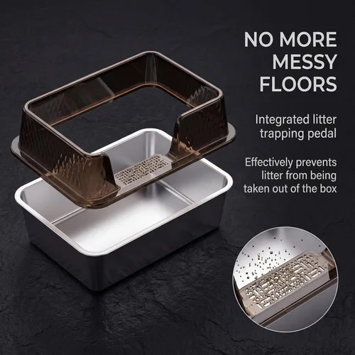 Miniatura 4 de Suhaco - Caja pequeña de arena para gatos de acero inoxidable, entrada lateral, paredes altas, cajas de arena profundas para gatitos con lados Negro