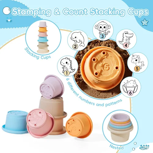 Miniatura 3 de Juguetes de baño para niños de 1 a 3 años, 16 unidades Juguetes de baño fáciles de limpiar y sin moho para bebés con tazas apilables Regadera