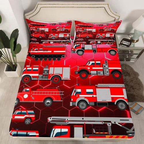 Miniatura 2 de Erosebridal Juego de sábanas y fundas de almohada para niños, diseño de camión de bomberos, color rojo, brillante, para maquinaria, camiones