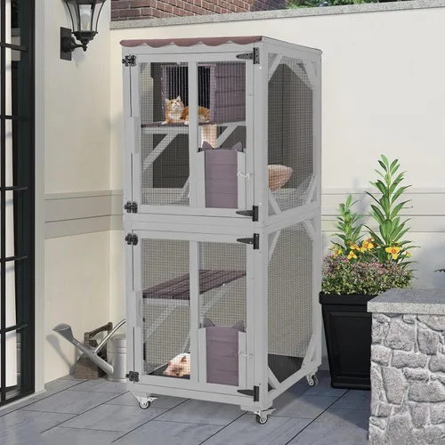 Miniatura 2 de Cat Catio - Recintos para gatos al aire libre, casa móvil para gatos con ruedas de ejercicio, jaula para gatos con caja de descanso mejorada, Gris