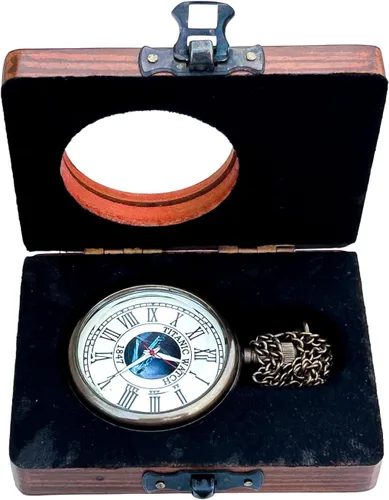 Miniatura 5 de Generic Hassanhandicrafts Reloj de bolsillo de latón antiguo antiguo con esfera de barco Titanic con caja de madera