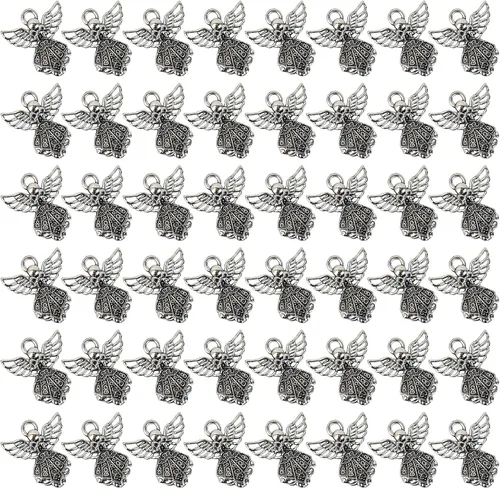 Miniatura 9 de Framendino, Paquete de 100 dijes de ángel de plata antigua para hacer joyas, pulseras y manualidades, aleación, No es una piedra preciosa