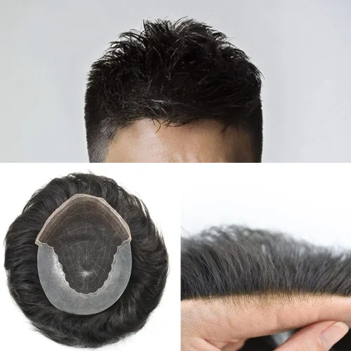 Miniatura 122 de Toupee - Sistemas de reemplazo de cabello para hombre, encaje frontal suizo, nudo blanqueado, pieza de cabello humano natural 1# negro azabache, 8 x