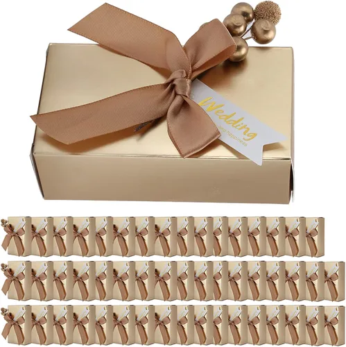 Miniatura 8 de Cajas de recuerdos de fiesta con lazo, 50 unidades, cinta de champán, caja de regalo de papel de caramelo, bolsas rectangulares con purpurina