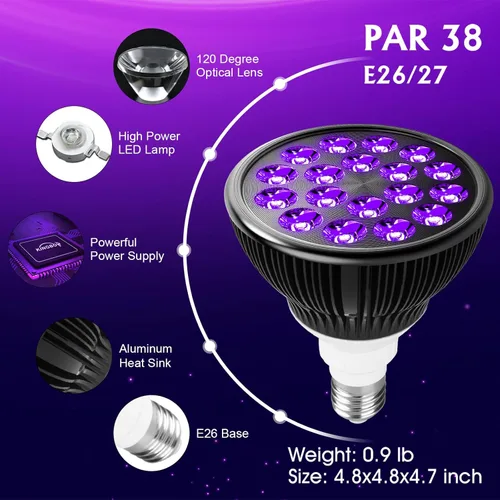 Miniatura 3 de KINGBO Bombilla negra, bombillas LED de 36 W E26 PAR38 que brillan en la oscuridad, LED de 395 nm para fiesta de luz negra, arte fluorescente