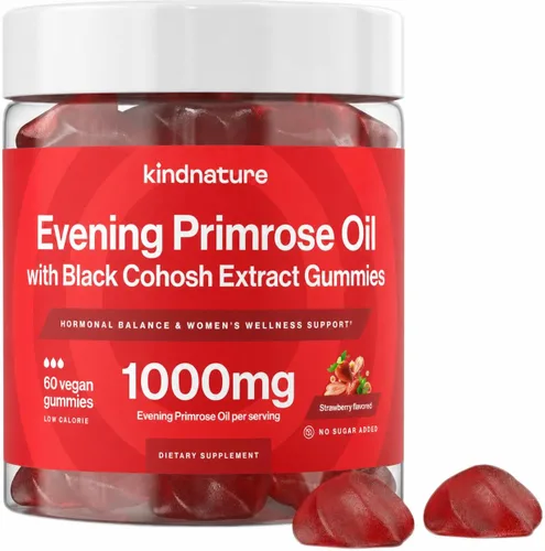 kindnature Gomitas de aceite de onagra para mujer, 1000 mg + cohosh negro, PMS, perimenopausia y apoyo para la menopausia, vegano, sin azúcar, sin