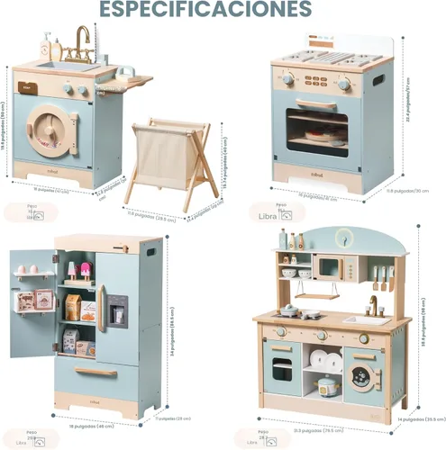 Miniatura 3 de ROBOTIME Cocina de Juguete de Madera, Juego de Cocina para Niños Pequeños con Horno, Refrigerador y Lavadora, Regalo de Juego de Cocina para Niños