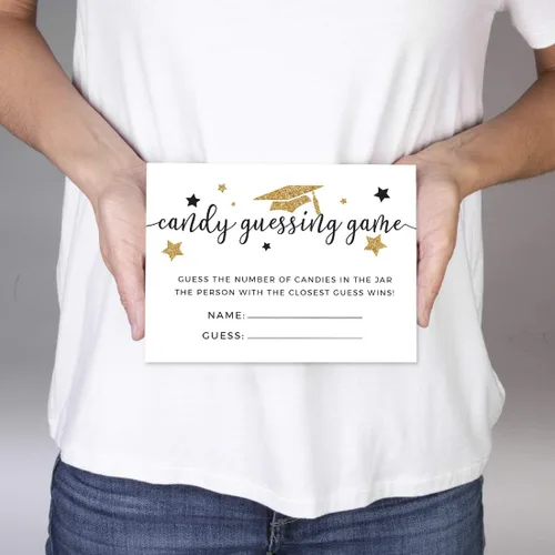 Miniatura 3 de Andaz Press Colección de fiesta de graduación con purpurina blanca y dorada, tarjetas de juego de adivinanzas de caramelos, paquete de 30, Tarjetas