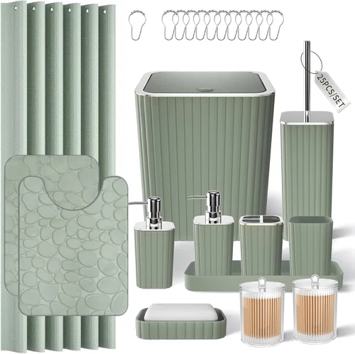 Miniatura 11 de XLHOMO Bathroom Set- 25PC Beige Bathroom Set, Bathroom Set with Shower Curtain and Rugs, Beige Shower Curtain Set, Toilet Brush, Bathroom Trash Can